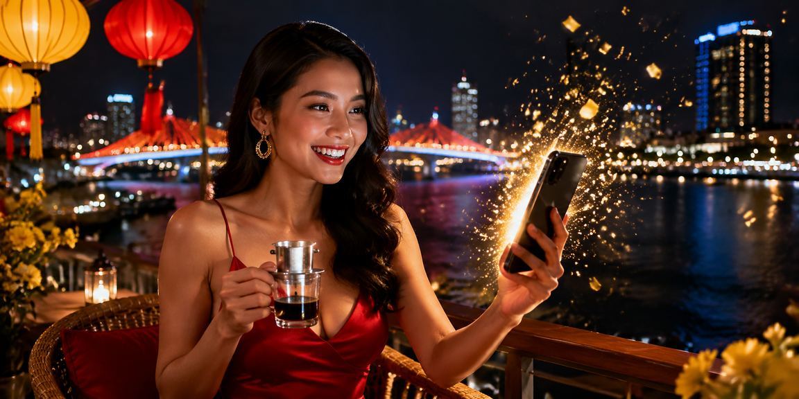 Người dùng truy cập giải thưởng casino trên điện thoại tại quán cà phê Đà Nẵng