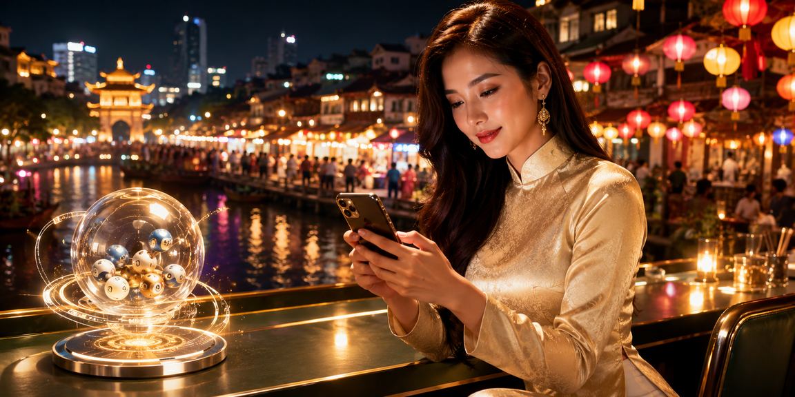 Người phụ nữ mặc áo dài tại Hà Nội tham gia xổ số trực tuyến trên điện thoại